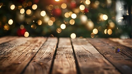 Wooden table with distant christmas tree