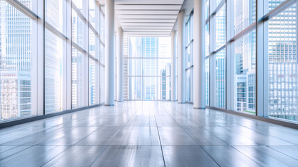 A beautiful modern spacious office hall with panoramic windows and a perspective in pleasant blue tones