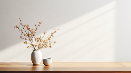 A vase filled with white flowers on a wooden table in front of a white wall.