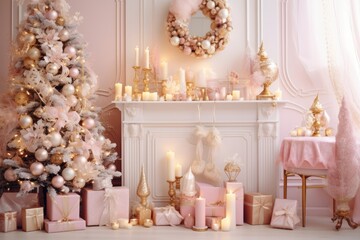 Pastel Pink and Gold Seasonal Scene. Elegant Christmas Baubels with Christmas Tree and Candles.