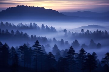 Obraz premium At twilight, the foggy pine forests are nature's lullaby, with the sun's serene serenade painting indigo and amethyst shades