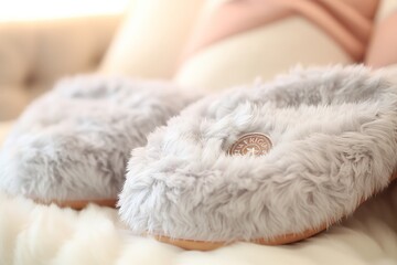 Close up shot of comfortable taupe and beige home slippers details in high resolution