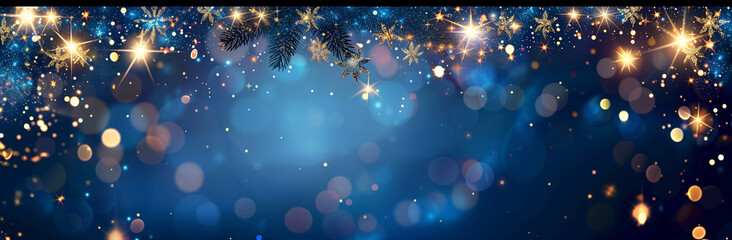 A dark blue background with lights and stars, creating an atmosphere of joy for the New Year celebration. The lights form garlands on top, adding to its festive charm.