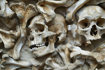 Skull among bone fragments close-up