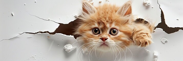Banner with fluffy ginger kitten head, it is looking out from the hole in the wall, funny muzzle meme, white background - obrazy, fototapety, plakaty