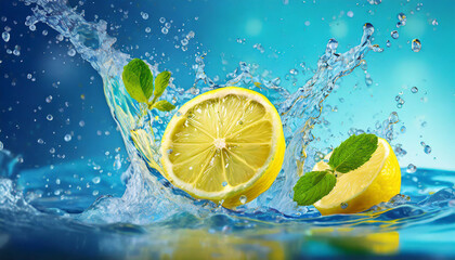  lemon water, fresh, splash, blue backdrop, hyper-realistic 