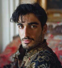 Portrait of an handsome young man. Intense look and eye-catching beauty. Fashionable hair and beard. Happy young indian man in traditional clothing
