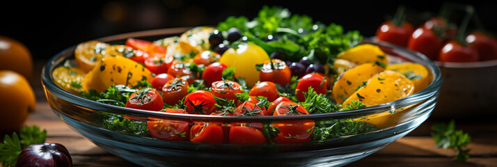 Wide vegetarian food banner image with different types of vegetables, fruits and leaves in manner in a big glass bowl