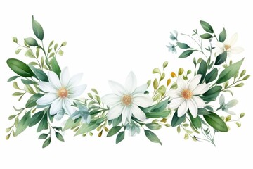Fototapeta na wymiar Watercolor edelweiss clipart with small white flowers and green leaves. flowers frame, botanical border, Design template for postcard, invitation, printing, wedding, isolated on white background.