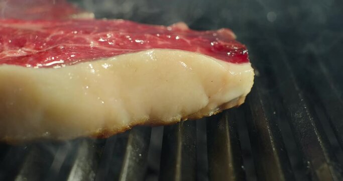 T-bone meat beef steak on barbecue charcoal grill close-up. Grilling BBQ meat. Smoke rising over juicy beef steak
