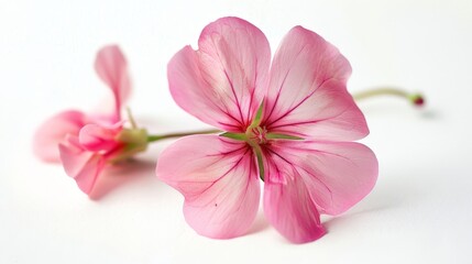 Fototapeta na wymiar Two pink flowers on white surface