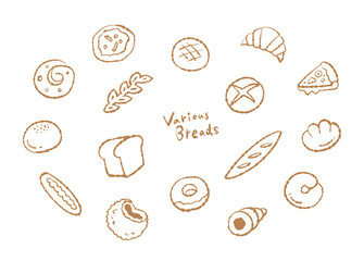 Line drawing illustration of various types of bread　いろいろな種類のパンの線画イラスト