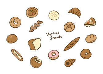 Illustration of various types of bread  いろいろな種類のパンのイラスト
