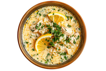 Greek avgolemono soup with chicken, rice, lemon juice, and eggs in a creamy and tangy broth.