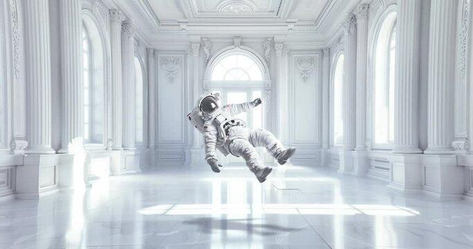 4k loop animation collage. Astronaut in architectural zero gravity. Ideal for musical chill background.
