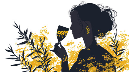 Silhouette girl holds mimosa. Mothers day. 