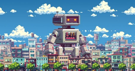4k loop animation collage. Pixel art. Robot walks through the city - Powered by Adobe