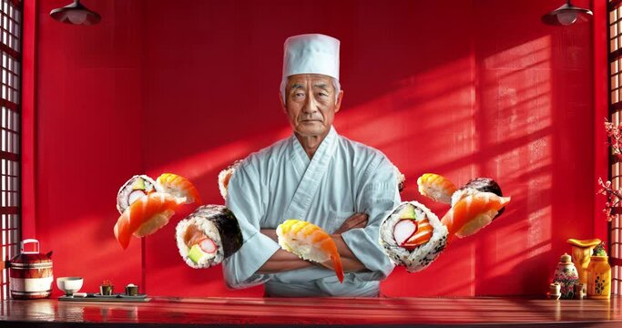 4k loop animation collage. Sushi chef in a restaurant space. 