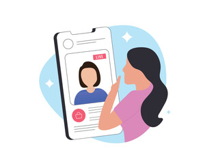 Livestream shopping concept. Attractive and fashionable young girl browses and purchases items during influencer live video shopping or livestream shopping session on popular social media platforms