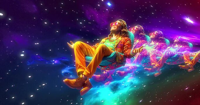 Chill loop animation collage. Hippie groovy man relaxes in a psychedelic space. Ideal for musical background.