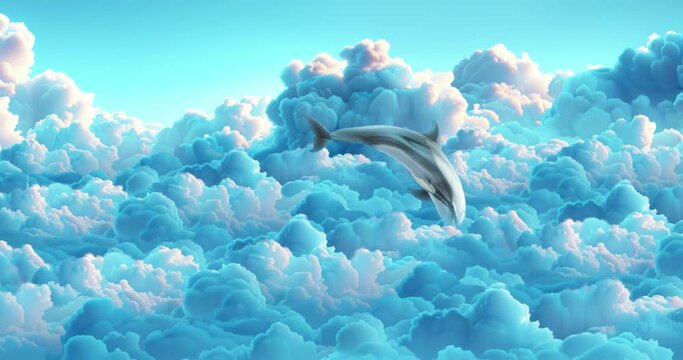 4k loop animation collage art. Dolphin jumping in the clouds. Ideal chill, relax background for music.