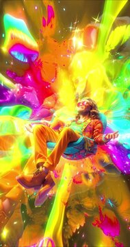 Chill loop animation collage. Hippie relaxes in a psychedelic space. Ideal for musical background. Vertical 4k video