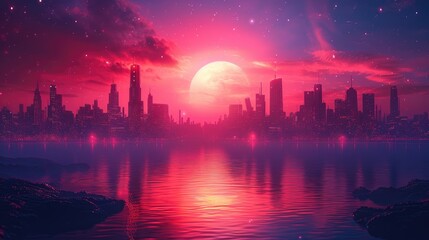Digital art of a futuristic city skyline under a majestic crimson moonrise, reflecting on tranquil waters. Generative AI