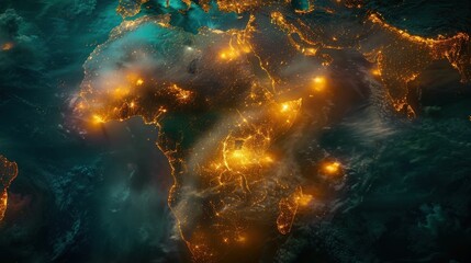 This remarkable visual captures Africa's night glow, portraying regions of concentrated human activities - obrazy, fototapety, plakaty