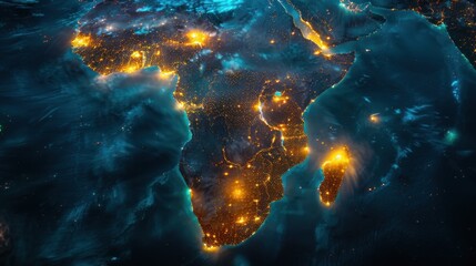 An impactful image presenting Africa and Europe lit up, emphasizing human settlements and landscapes - obrazy, fototapety, plakaty