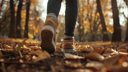 Close up portrait of woman's shoe, walking on autumn park, enjoying the outdoors, relax and calm background - Powered by Adobe