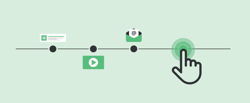 Last-click attribution in digital marketing. Simplified funnel structure tracks customer journey, highlighting key touchpoints. Vector illustration with icons on white background