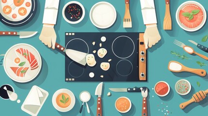 Craft a flat vector illustration for a culinary training course, featuring an overhead view of a dish in preparation, capturing every culinary step. 