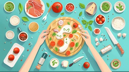 Craft a flat vector illustration for a culinary training course, featuring an overhead view of a dish in preparation, capturing every culinary step. 