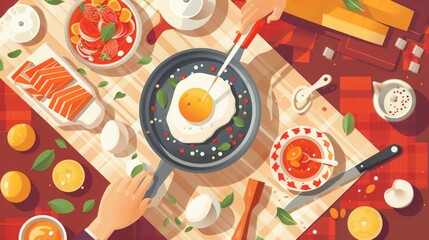 Craft a flat vector illustration for a culinary training course, featuring an overhead view of a dish in preparation, capturing every culinary step.