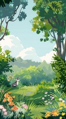 Craft a vector scene showcasing a peaceful field with diverse plant life and animals, ideal for tranquil card designs.