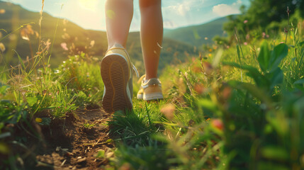 Close portrait of hiker feet on summer mountain trail, wearing sport adventure shoes, green grass field with morning sunlight - Powered by Adobe