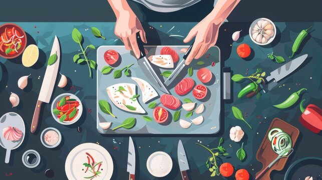 Craft a flat vector illustration for a culinary training course, featuring an overhead view of a dish in preparation, capturing every culinary step. 