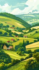 Fototapeta premium Create a picturesque vector depiction of rural tranquility, with farms nestled among hills and trees, ideal for peaceful cover art.