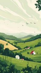 Create a picturesque vector depiction of rural tranquility, with farms nestled among hills and trees, ideal for peaceful cover art.