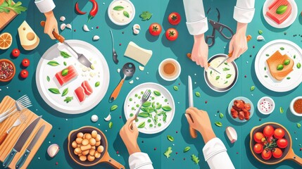 Visualize a culinary school banner, with an inviting top-down view of cooking in progress, from chopping to plating, in vibrant vector format.