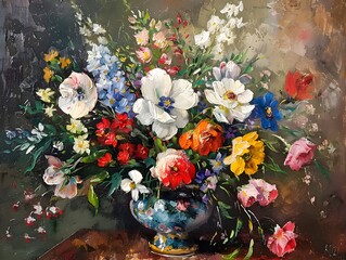 Composition with flowers painted in oil