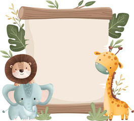 Watercolor Illustration Cute Safari Animals and Wooden Board