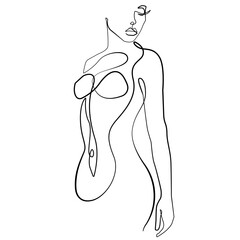 Trendy Line Art Drawing of Naked Woman Body. Minimalistic Black Lines Drawing. Female Figure Continuous One Line Abstract Drawing. Modern Scandinavian Design. Naked Body Art. Vector Illustration.