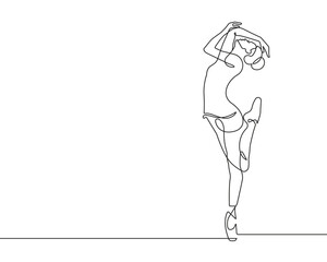 Ballerina Silhouette Continuous One Line Drawing. Female Dancing Abstract Minimal Outline Illustration. Ballet Concept for Wall Art Decor Continuous One Line Drawing. Vector EPS 10.