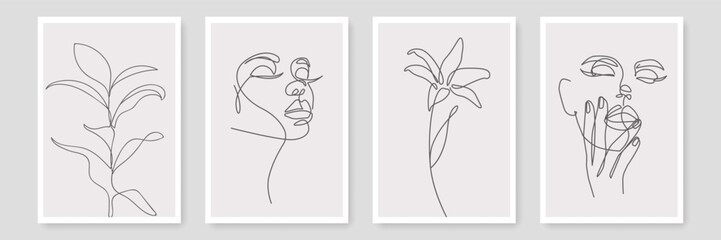 Set of Wall Art Prints with Botanical Line Art Floral Drawing and Woman Face. One Line Leaves Art, Female Portrait for Trendy Minimalistic Design.  Hand Drawn Sketch Plants Branches and Female Head. 