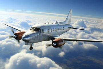 Obraz premium A passenger jet soaring high above a bustling cityscape against a backdrop of serene blue skies and fluffy clouds, while the radiant sunlight illuminates the scene.