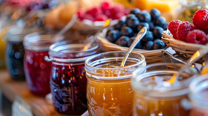 Sweet jam in glass jars with ripe berries on wooden table