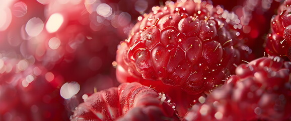 Raspberry berries close-up. Fruit banner from harvest of ripe organic raspberries