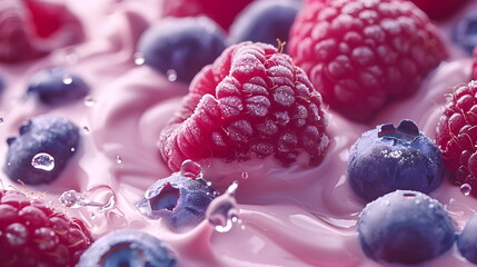 Dairy yogurt with raspberries and blueberries close-up. - Powered by Adobe