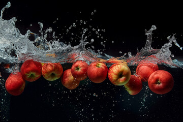 A bunch of ripe apples, with water droplets, falling into a deep black water tank. Generative aI....